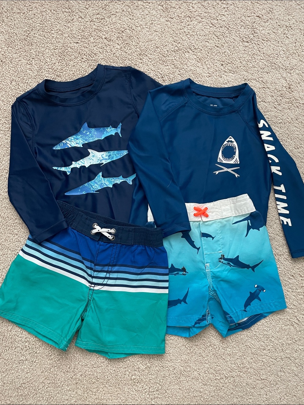 Kids Navy & Teal Shark Swim Set - Rash Guard & Board Shorts
